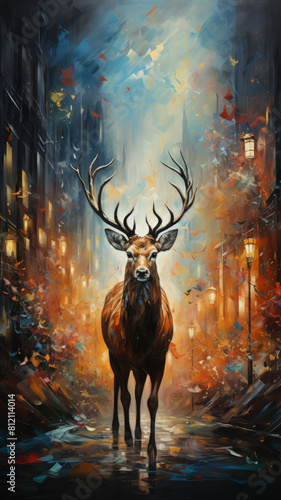 Surreal Urban Encounter With Majestic Stag On Rain-Soaked Street, Perfect For Magical Realism And Urban Wildlife Themes, Ai Generated © PixelFusion Creation