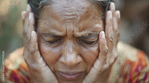 A Pacific Islander woman displaying visible signs of frustration or tension. photo