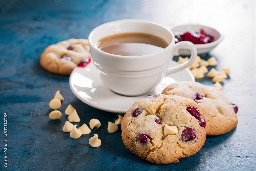 White chocolate and cranberry cookies with coffee and milk White chocolate and cranberry cookies with coffee and milk