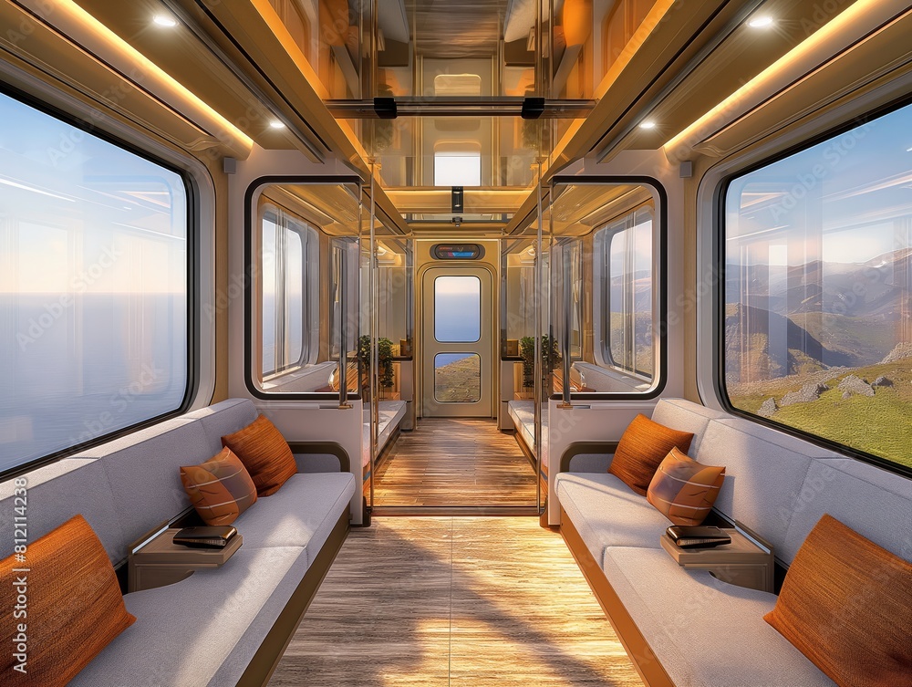 A train car with a view of the ocean and mountains. The interior is decorated with orange pillows and has a cozy atmosphere