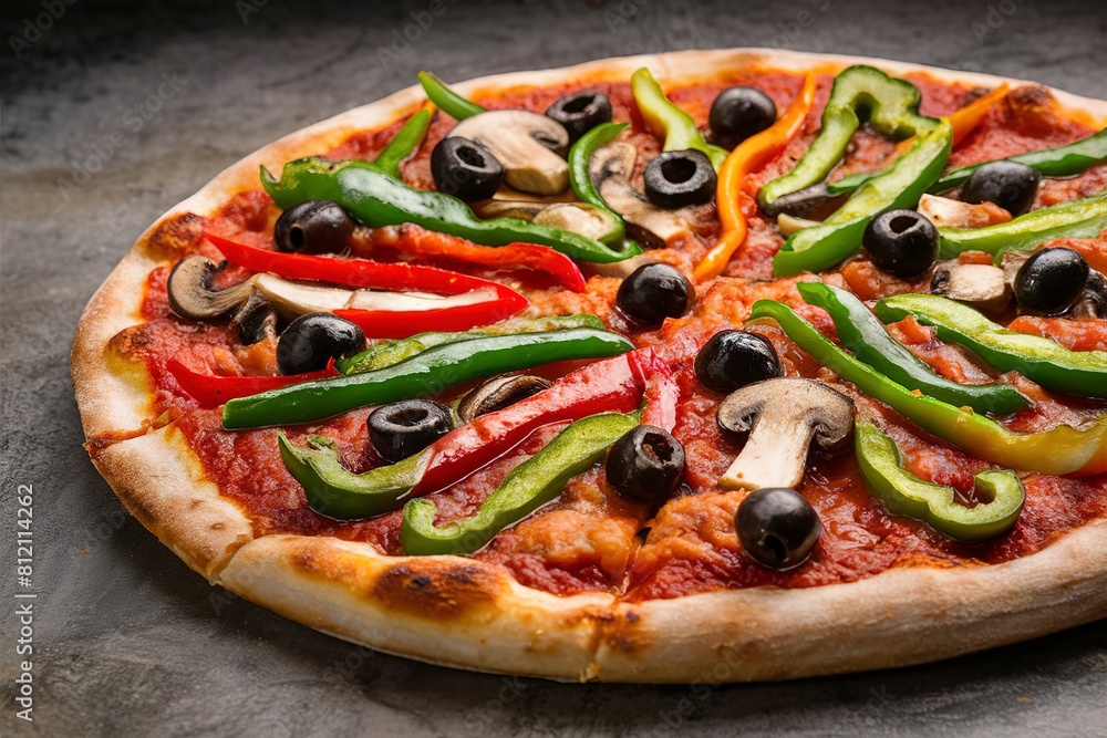 Vegetarian pizza with green and red peppers, mushrooms and olives Vegetarian pizza with green and red peppers, mushrooms and olives