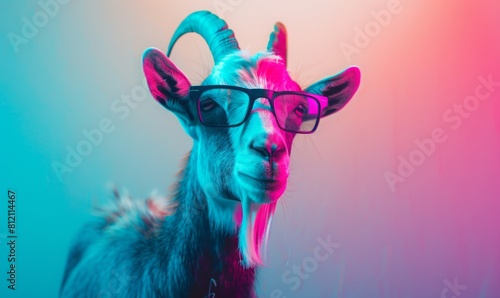 cool goat wearing sunglasses on colorful background. illuminated by cyan and magenta light color. photo