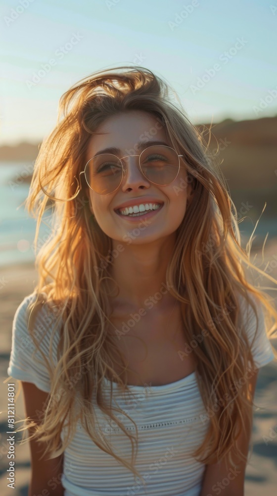 A woman with long blonde hair and sunglasses on a beach. She is smiling and looking at the camera A woman with long blonde hair and sunglasses on a beach. She is smiling and looking at the camera