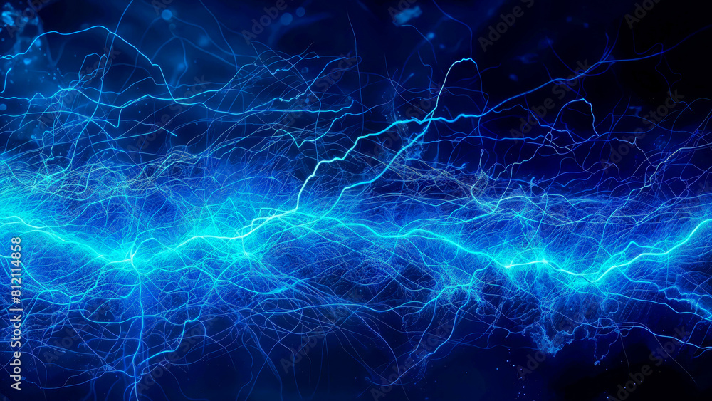 White-blue bright lightning pierces the black space in uneven lines. Abstract background. Electric discharge