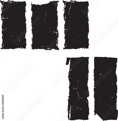 Set of jagged rectangle shape black ripped paper sheet with scratch grunge frame