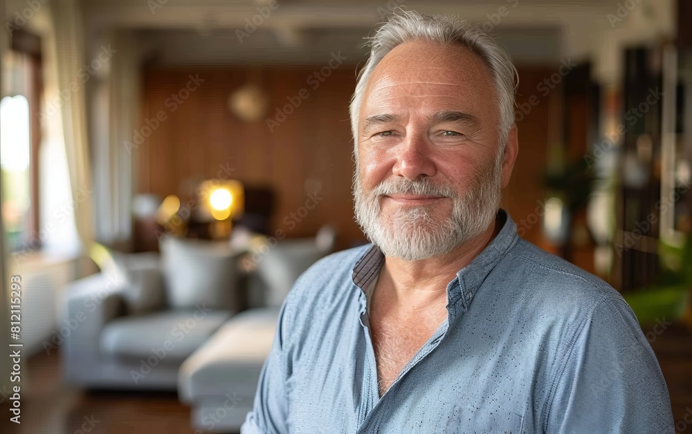 A man with a beard and gray hair is smiling in front of a couch. He is wearing a blue shirt and a blue tie A man with a beard and gray hair is smiling in front of a couch. He is wearing a blue shirt and a blue tie