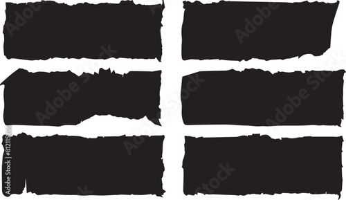 Set of jagged rectangle shape black ripped paper sheet with scratch grunge frame