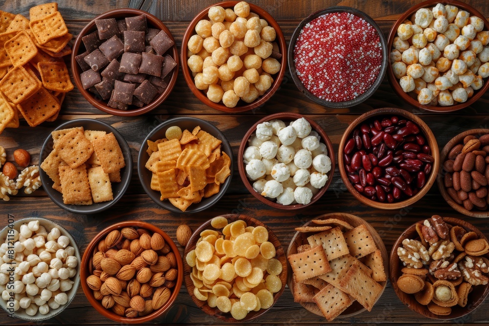 An assortment of delicious snacks presented in multiple bowls on a rustic wooden background, suitable for gatherings An assortment of delicious snacks presented in multiple bowls on a rustic wooden background, suitable for gatherings