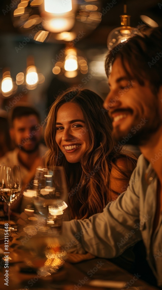 A group of people are sitting at a table, enjoying wine and each other's company. The woman is smiling and the man is smiling back at her. Scene is happy and relaxed A group of people are sitting at a table, enjoying wine and each other's company. The woman is smiling and the man is smiling back at her. Scene is happy and relaxed
