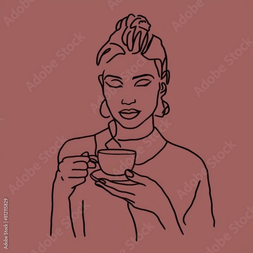 Simple line drawing of a woman holding a cup of coffee