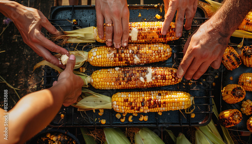 of a festive summer corn roast, with hands reaching in to grab freshly buttered corn on the cob, a communal and fun eating experience, summer foods, summer, with copy space photo