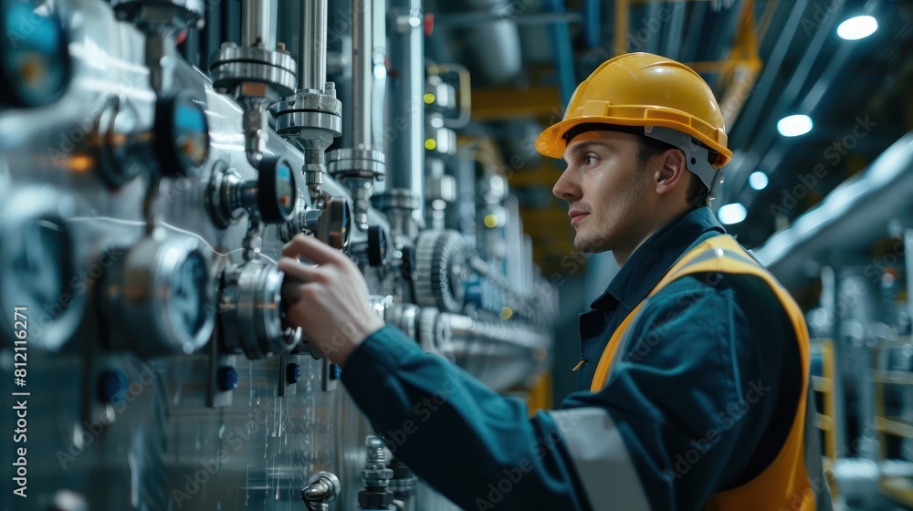 Industrial worker in hard hat and safety vest working at a control panel in a factory Industrial worker in hard hat and safety vest working at a control panel in a factory