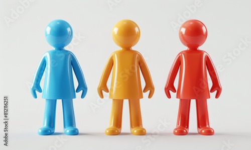 Three colored plastic figures standing next to each other.