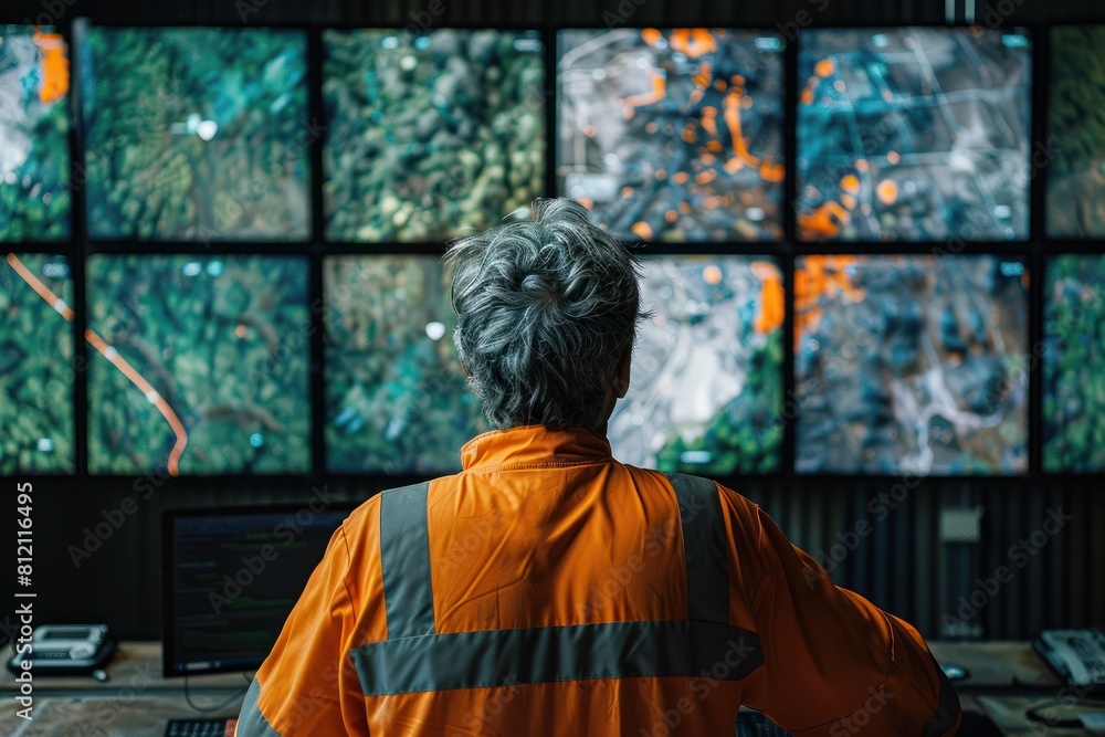 A man in an orange jumpsuit is sitting in front of a large video wall. A man in an orange jumpsuit is sitting in front of a large video wall.