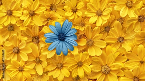 A blue flower is surrounded by yellow flowers.
