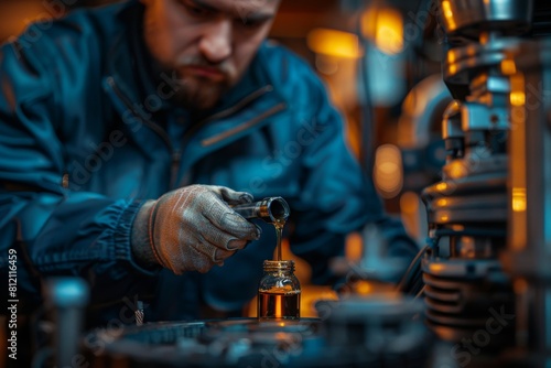 A focused technician examines oil quality during machinery maintenance in an industrial setting