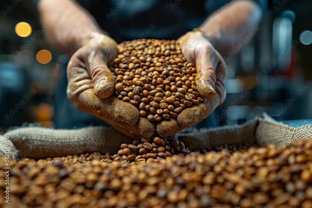 An artisan pouring a cascade of roasted coffee beans, highlighting the transition from raw to a ready state for grinding An artisan pouring a cascade of roasted coffee beans, highlighting the transition from raw to a ready state for grinding