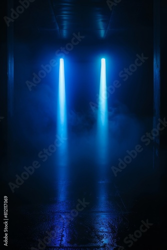 Mysterious Blue Neon Lights in a Dark Foggy Corridor