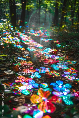 Vibrant Pinwheels Scattered on Forest Ground Under Sunlight