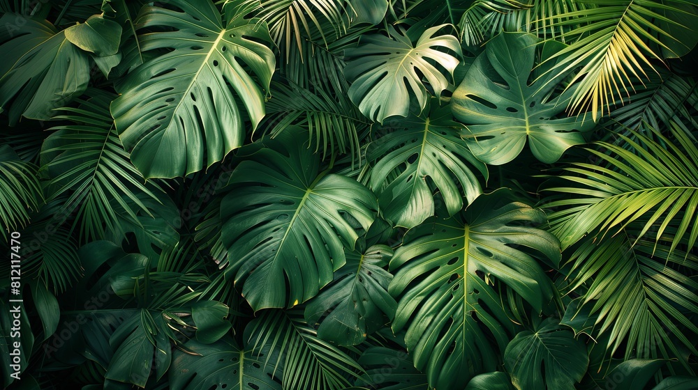 The image shows a lush green tropical leaf background with monstera leaves. The image shows a lush green tropical leaf background with monstera leaves.