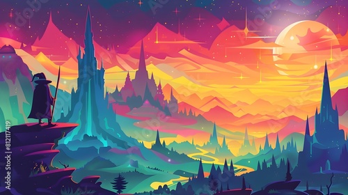 Fantastical Ethereal Wandering Wizard s Mystical Retro Travel Poster of Colorful Surreal Mountainous Landscape Dreamscape with Towering Castles