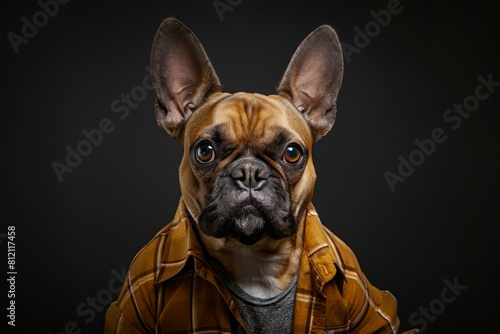 Fashionable French Bulldog in Stylish Plaid Jacket Against Dark Background