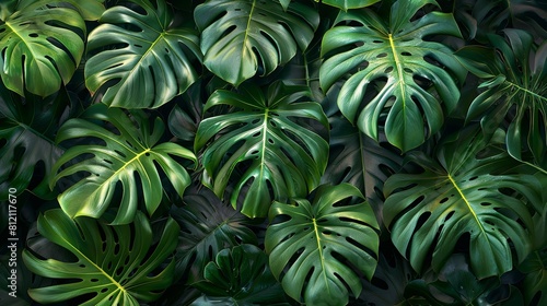 The image shows dark green leaves of a tropical plant. The leaves have a glossy surface and are heart-shaped with holes.