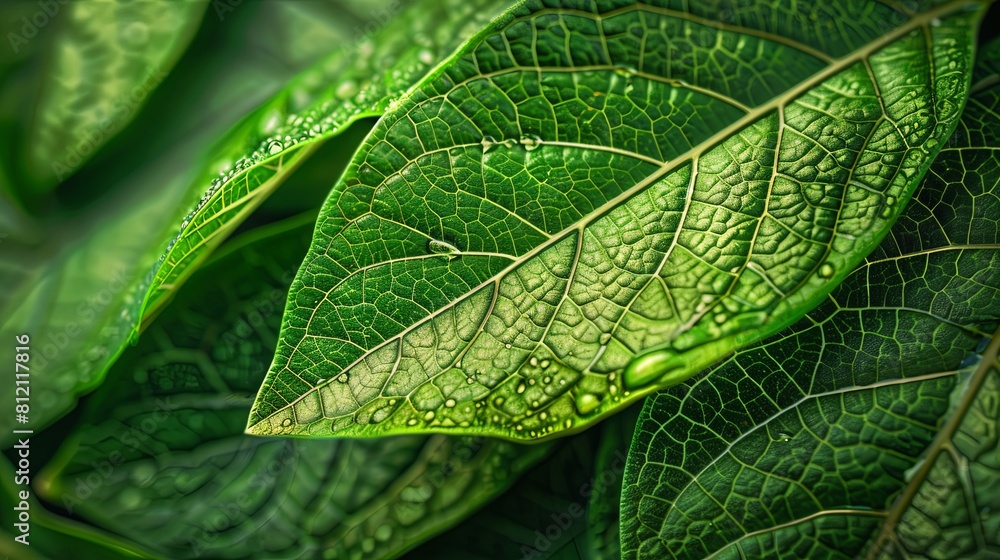 Close-up of fresh green leaves with water drops. Close-up of fresh green leaves with water drops.