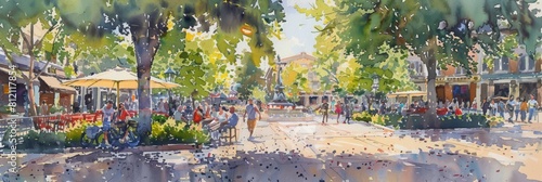 Vibrant Watercolor Painting of a Busy European Plaza