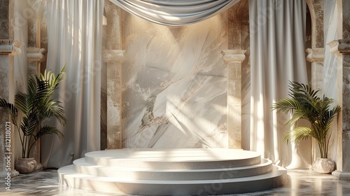 The image is of a marble podium with a draped curtain in the background.
