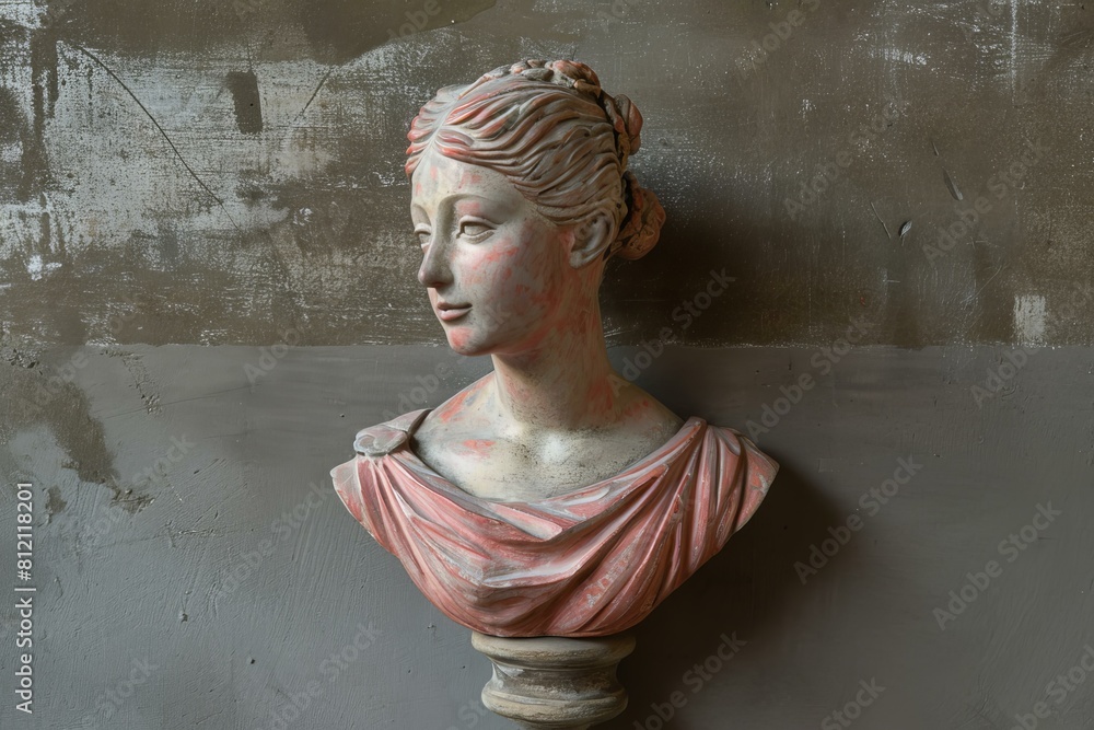 A side profile of a classical female statue with red details on a rough grey background