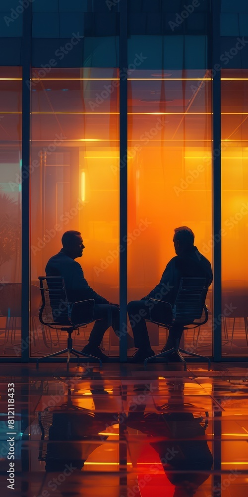 Two businessmen in suits sit in chairs in a modern office and talk. The orange light from the window indicates that the sun is setting outside. Two businessmen in suits sit in chairs in a modern office and talk. The orange light from the window indicates that the sun is setting outside.