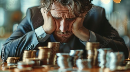 Worried businessman counting money.