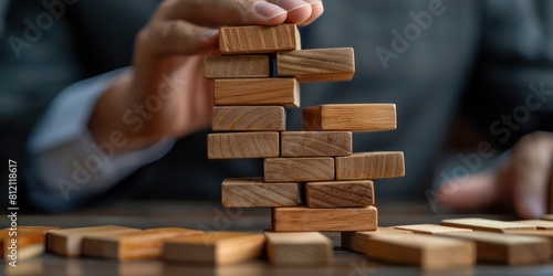 Businessman hand pulling out a wooden block from the tower. Concept of risk, strategy and challenge in business.