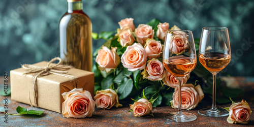 Rose wine in elegant glasses  accompanied by a bouquet of peach roses and a rustic gift box  creating a vintage-inspired toast