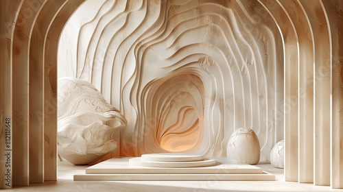 The image is a 3D rendering of a cave interior