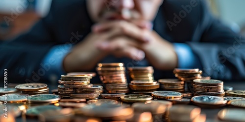 A businessman is looking at a pile of coins. He is thinking about how to make more money.