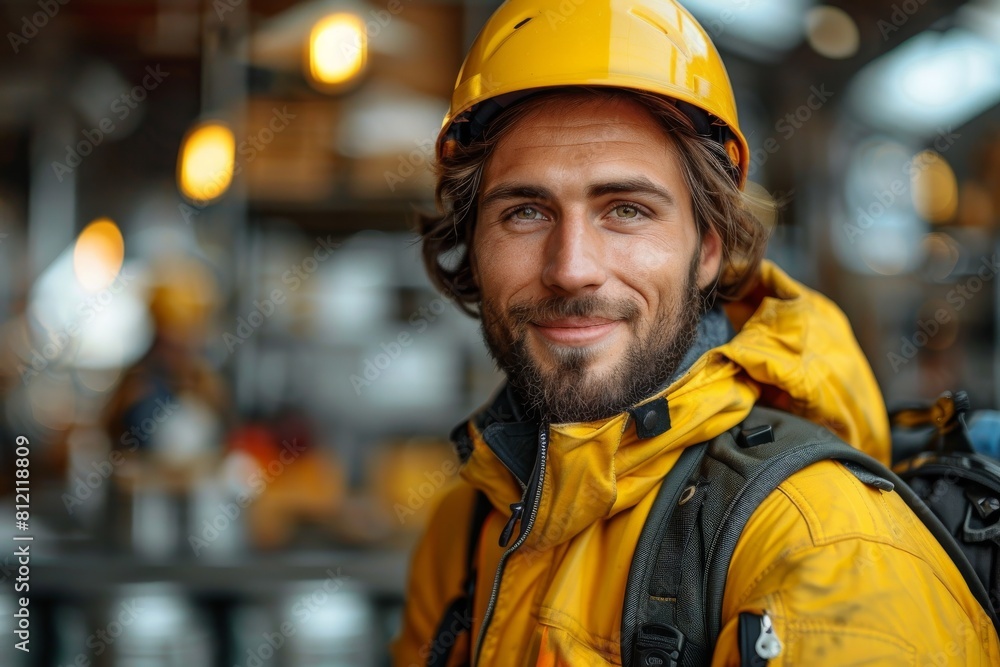 Warm portrait of a bearded man in a yellow jacket and hard hat with a content smile Warm portrait of a bearded man in a yellow jacket and hard hat with a content smile