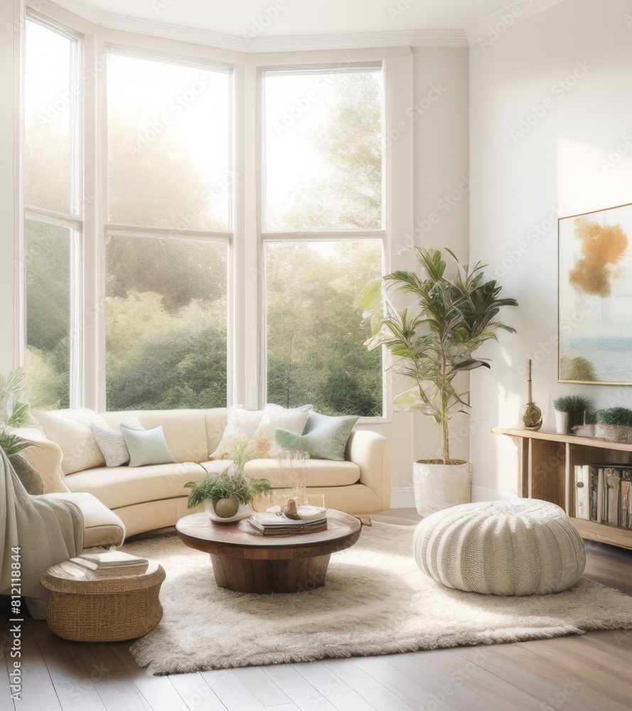 Modern living room interior with white walls, big window and modern furniture. Modern living room interior with white walls, big window and modern furniture.