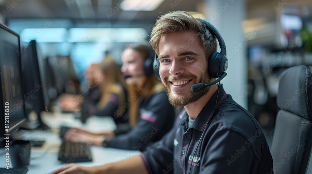 Professional Male Phone Operator in Call Center with Sales Team Working in Office Environment Professional Male Phone Operator in Call Center with Sales Team Working in Office Environment
