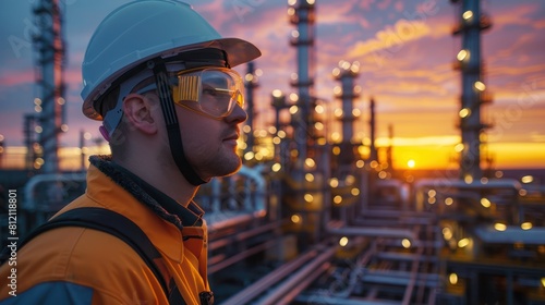 Petrochemical Engineer in Uniform, Hard Hat and Eye Glasses Standing at Oil & Gas Refinery Plant During Sunset © hisilly