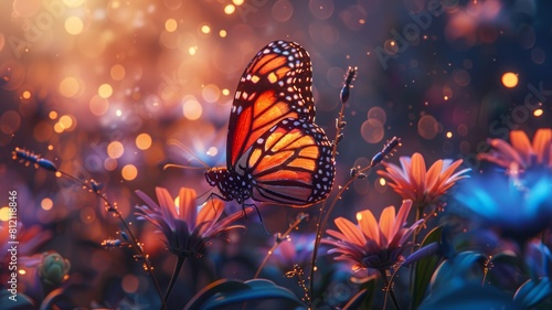 Monarch butterfly on a flower in a field of flowers with a beautiful bokeh background.