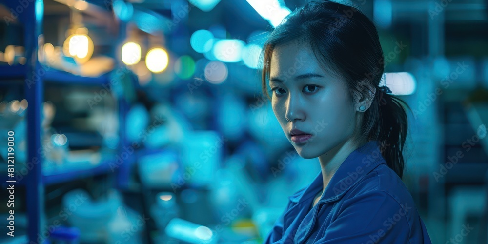 A young Asian woman standing in a dark place with blue lights in the background A young Asian woman standing in a dark place with blue lights in the background