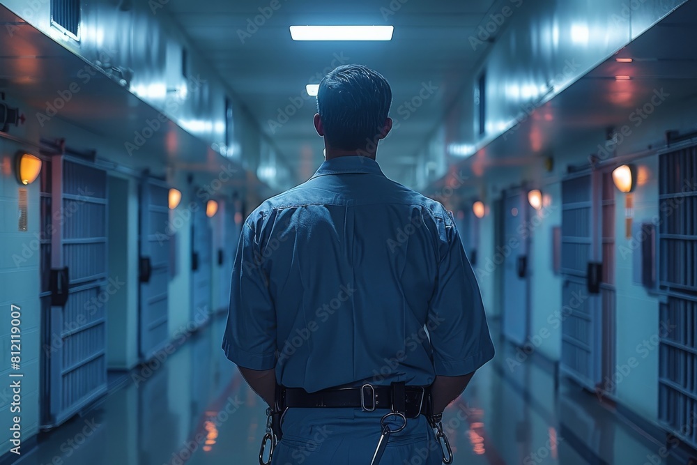 An officer stands with hands clasped behind his back in a corridor, creating a sense of authority and discipline in a secure facility An officer stands with hands clasped behind his back in a corridor, creating a sense of authority and discipline in a secure facility
