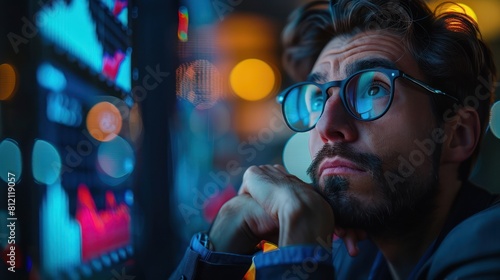 A young man wearing glasses is looking at a computer screen with a pensive expression. He is surrounded by colorful lights.