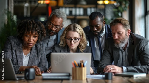 Collaborative Business Team Analyzing Laptop for Start-Up Project in Office