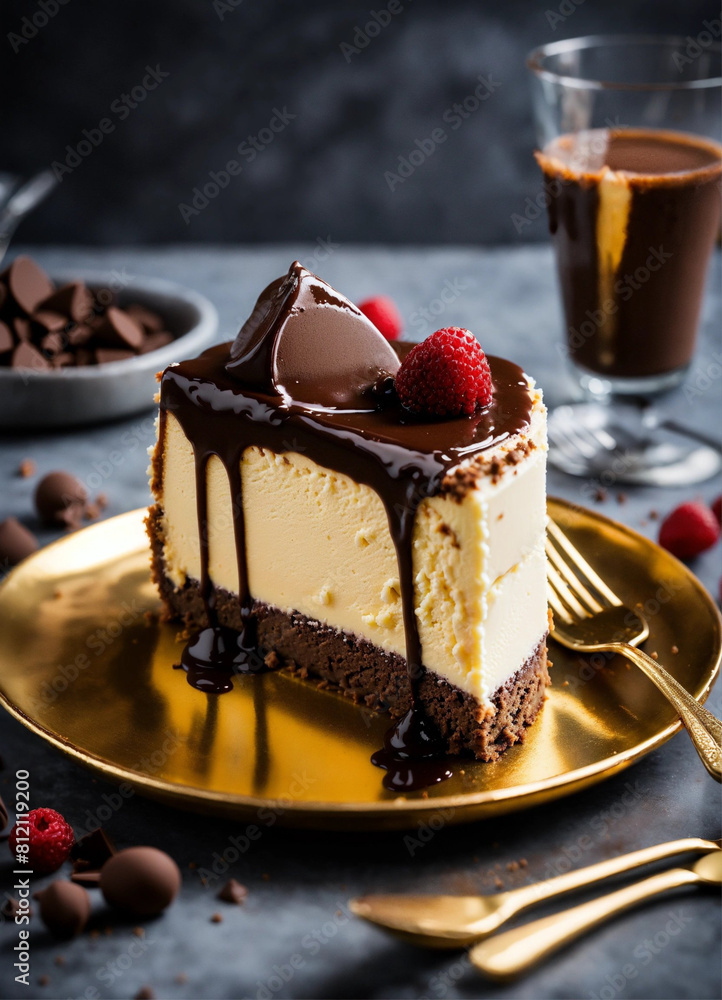 Cheesecake it that has chocolate ganache liquid chocolate pouring out when sliced open on a solid 24, Decorated chocolate cake on the white saucer
Cheesecake it that has chocolate ganache liquid chocolate pouring out when sliced open on a solid 24, Decorated chocolate cake on the white saucer
