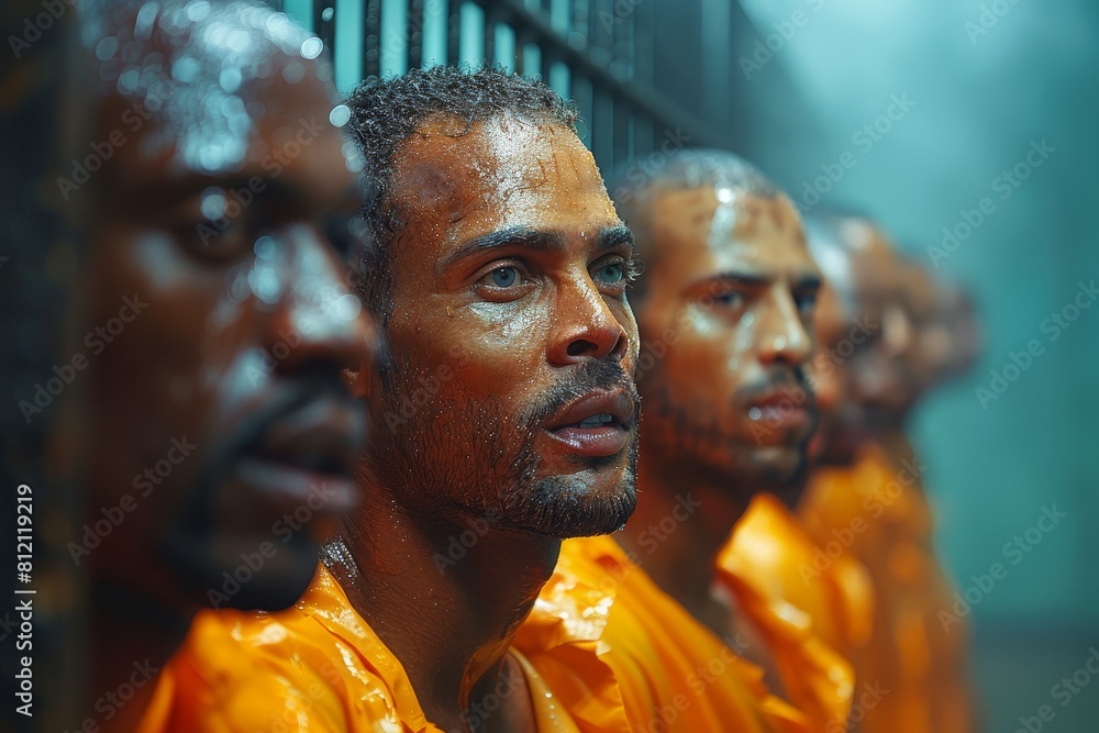 Men lined up wearing orange clothes, looking intense and focused in a hazy, sweaty scene Men lined up wearing orange clothes, looking intense and focused in a hazy, sweaty scene