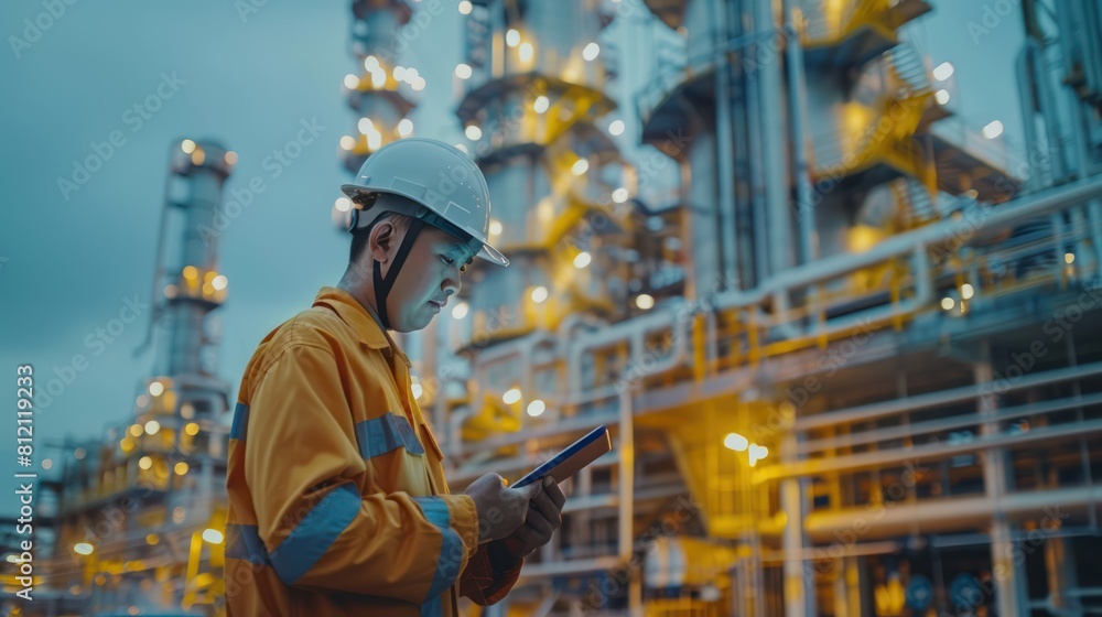 Industrial Engineer Monitoring Oil Refinery Operations with Tablet and Safety Gear