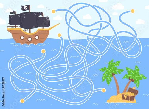 Pirate maze game for kids. A maze with a pirate ship and a treasure island. Help the pirate ship to find to the treasure island. © Ekaterina Chemakina